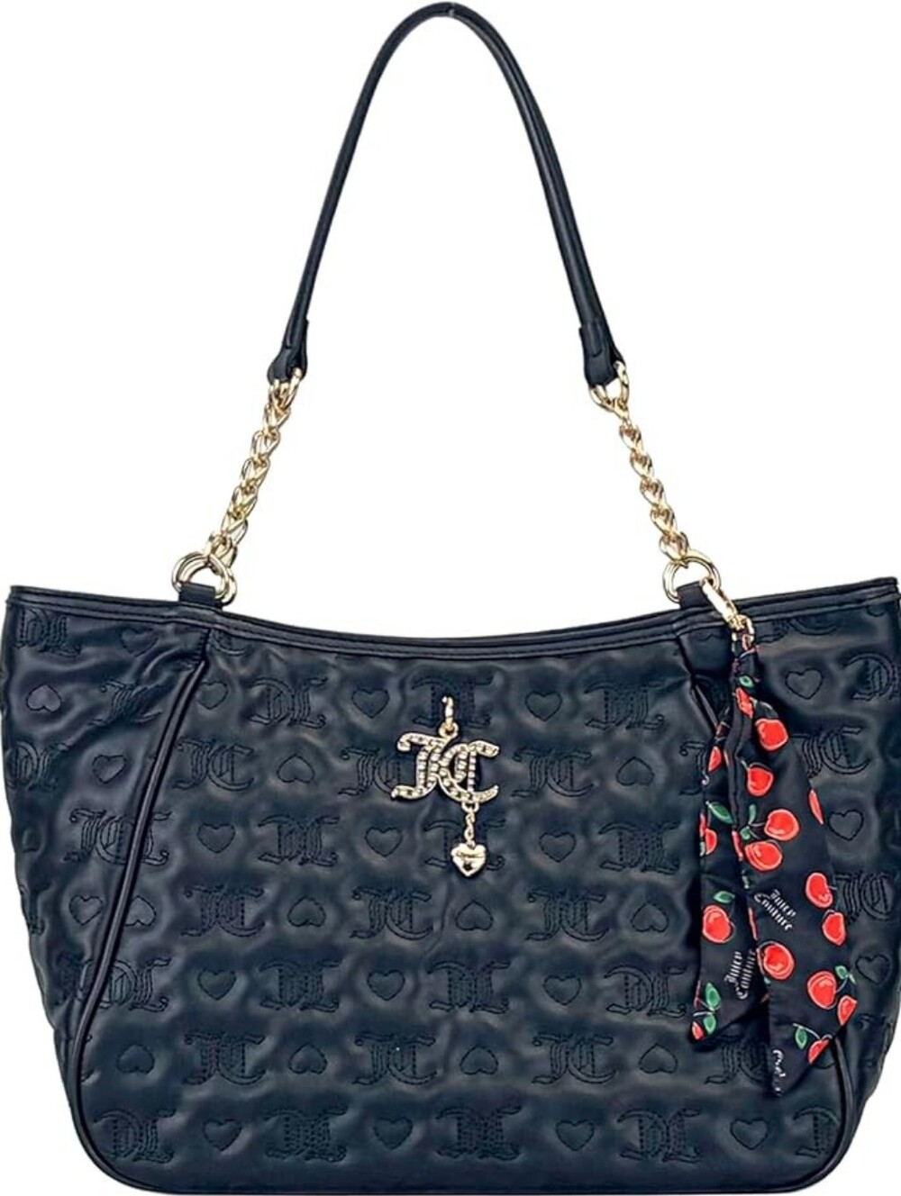 Juicy Couture Black Quilted Tote with Gold Chain Handles and Cherry Scarf